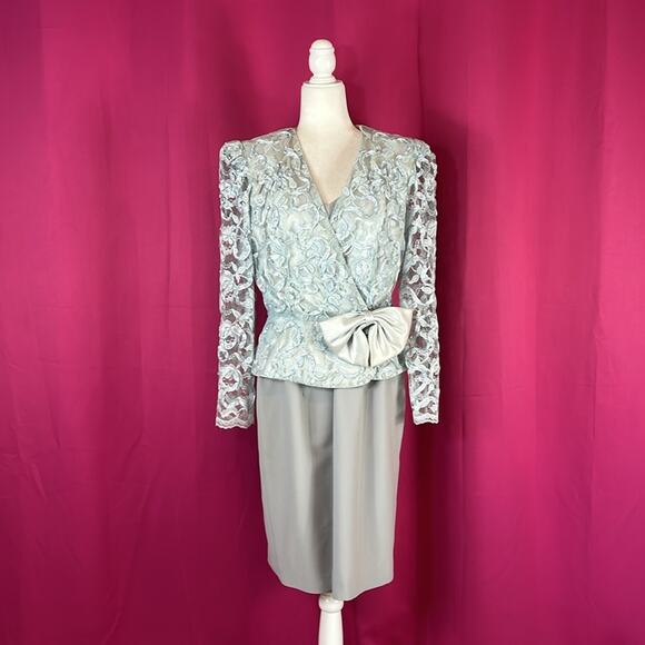 Vintage Patra powder blue lace and ribbon dress and jacket set, size 14P - Picture 1 of 14